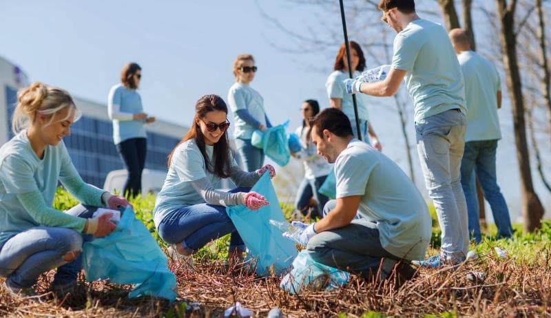 Echipă de voluntari adunând deșeuri într-o zonă verde la marginea orașului.